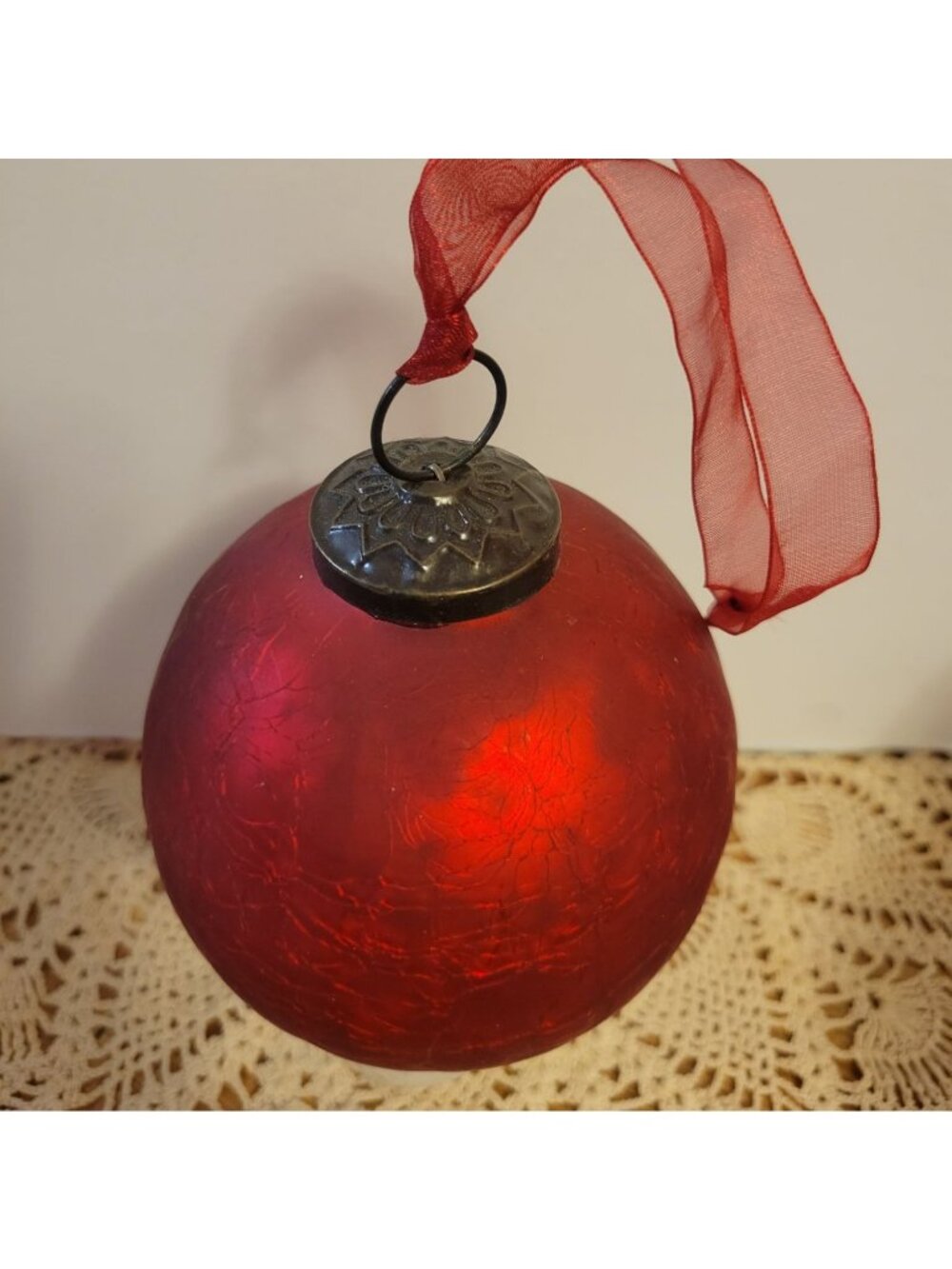 Kugel Crackle Mercury Glass Ornament Crimson Red Round Bulb Christmas VTG